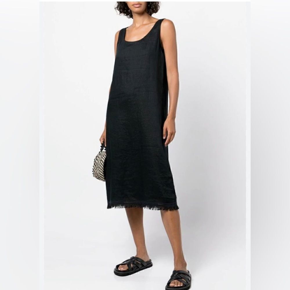 THEORY Women's Black Scoop Neck Embroidery Fringed Tank Midi Dress Linen Size P